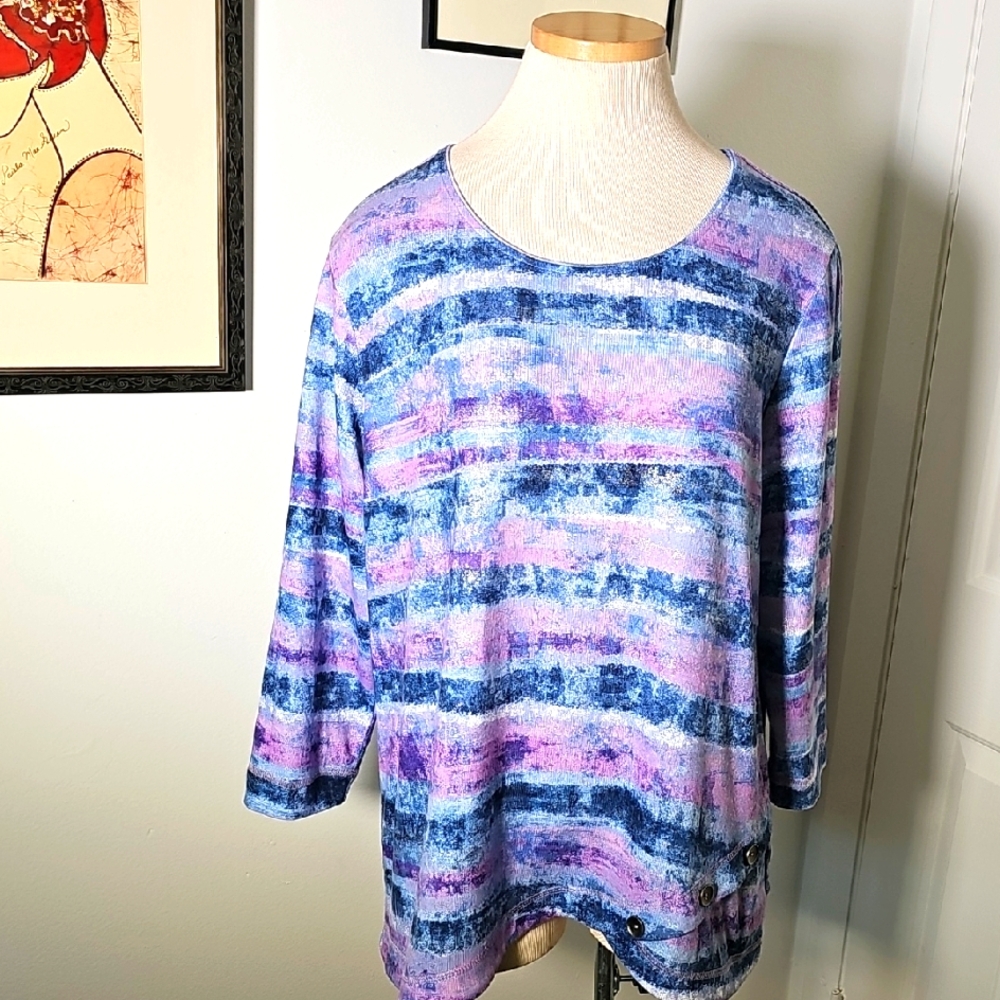 Women's Striped Top in‎ Blue and Purple, Ty Die Look With Silver Bling. Sz Lg